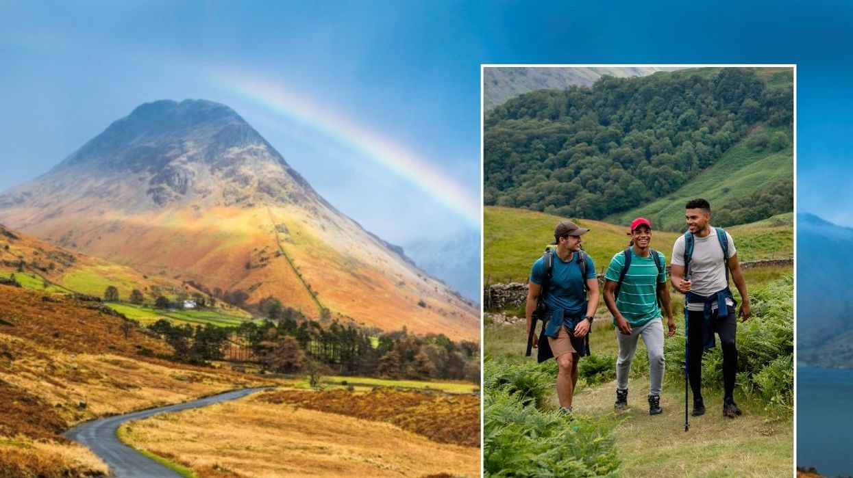 hikers on walking trail and stock image of lake district