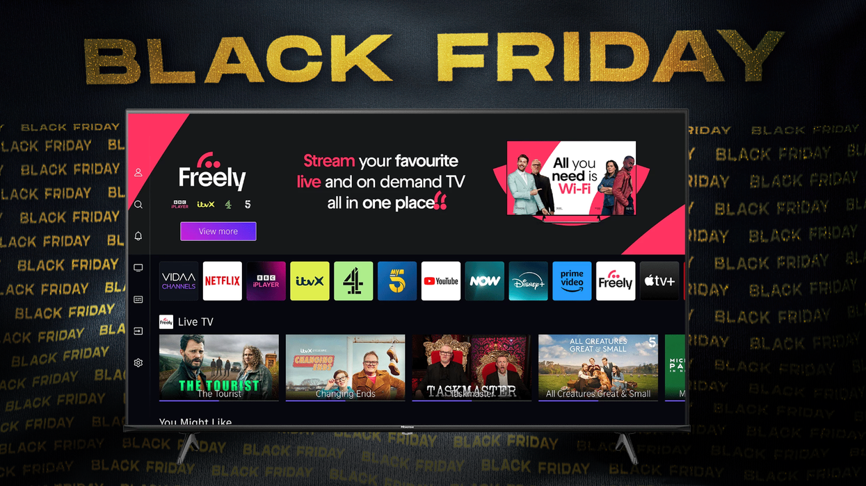 Hisense 4K flatscreen TV with Freely menu on-screen with Black Friday banner in the background