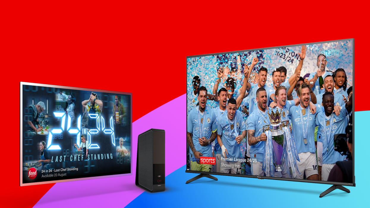 hisense television with sky sports shown on-screen and virgin media router hub beside it