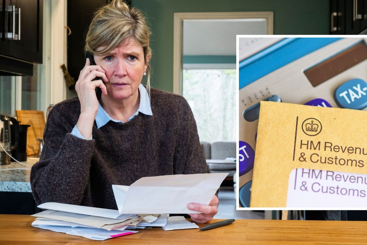 HMRC envelope and calculator and person looks worried at finances