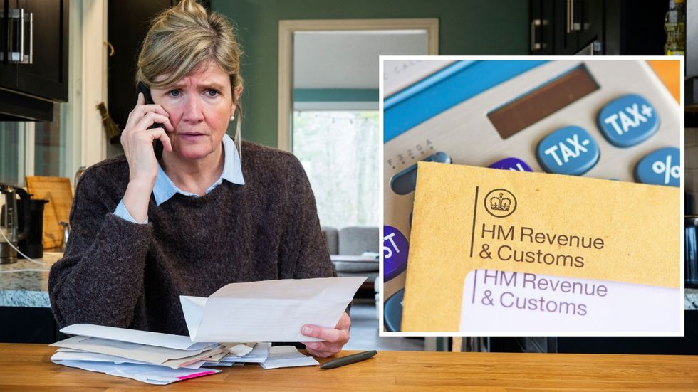 HMRC envelope and calculator and person looks worried at finances