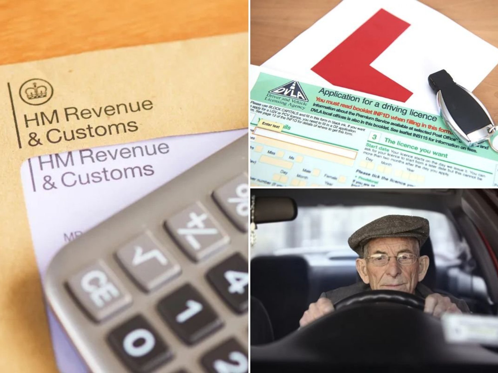 HMRC letter, a DVLA driving licence application and an elderly driver