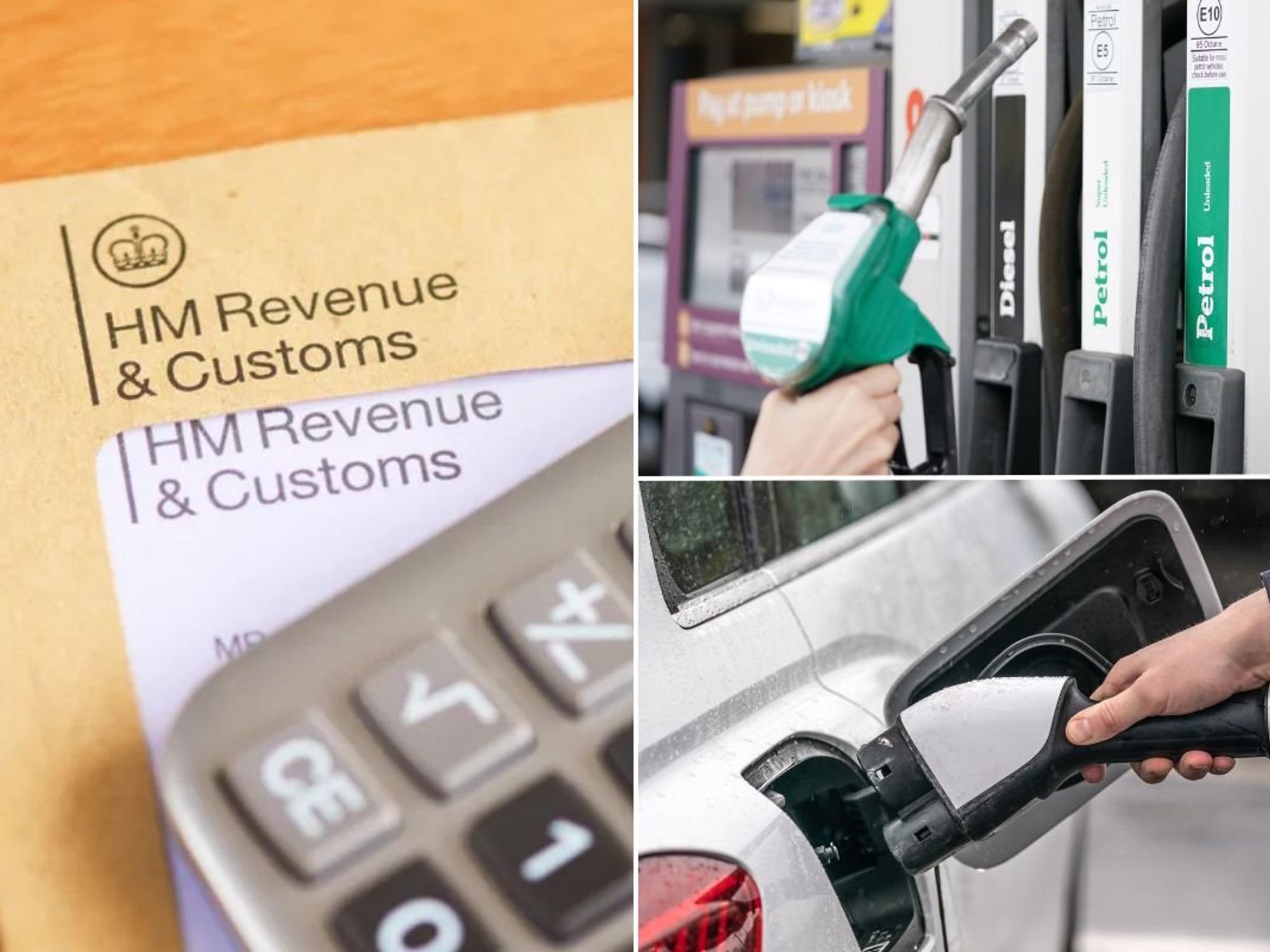 HMRC letter, a petrol pump and an electric car charger