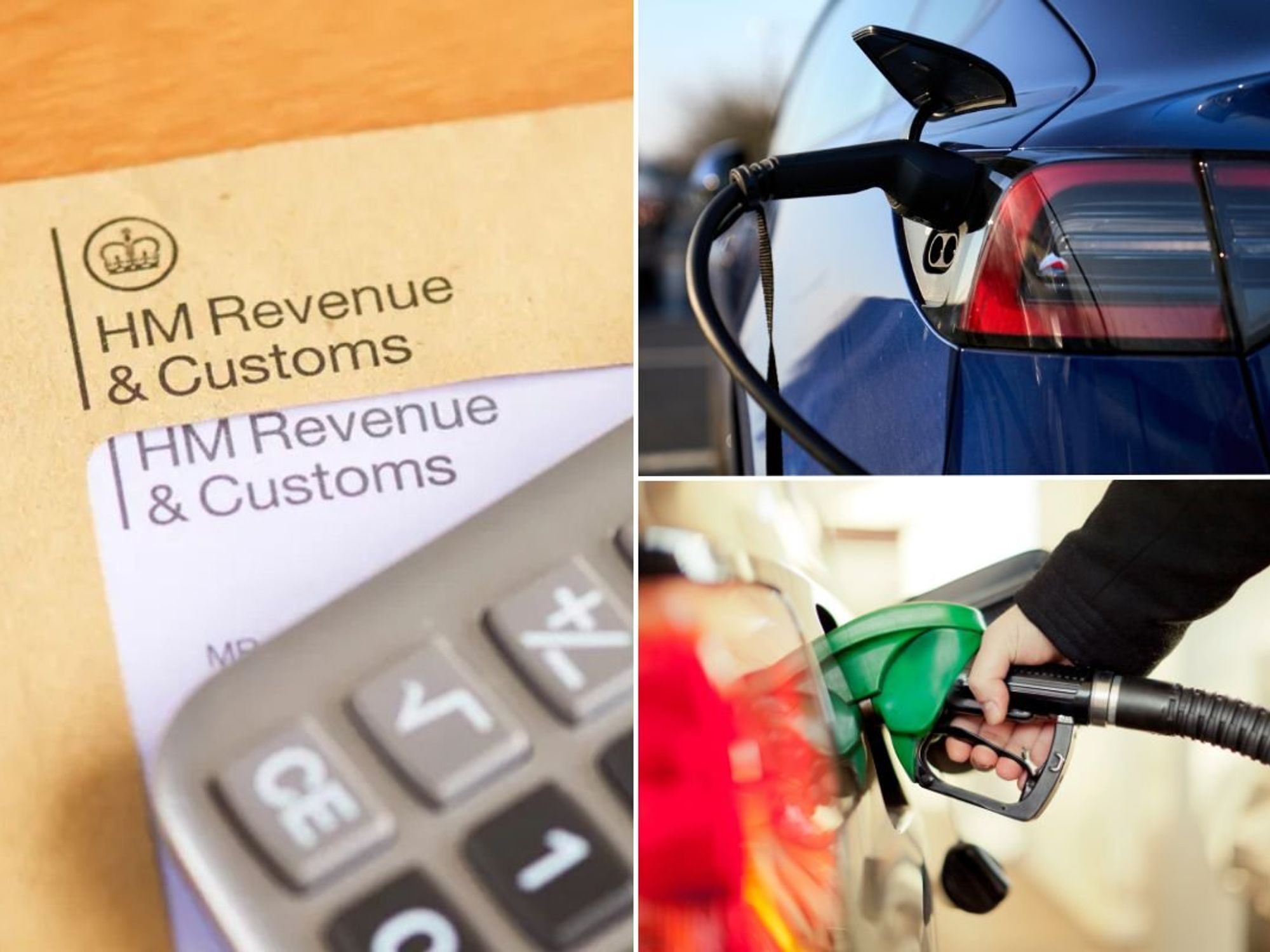 HMRC letter, an electric car charging and a petrol pump