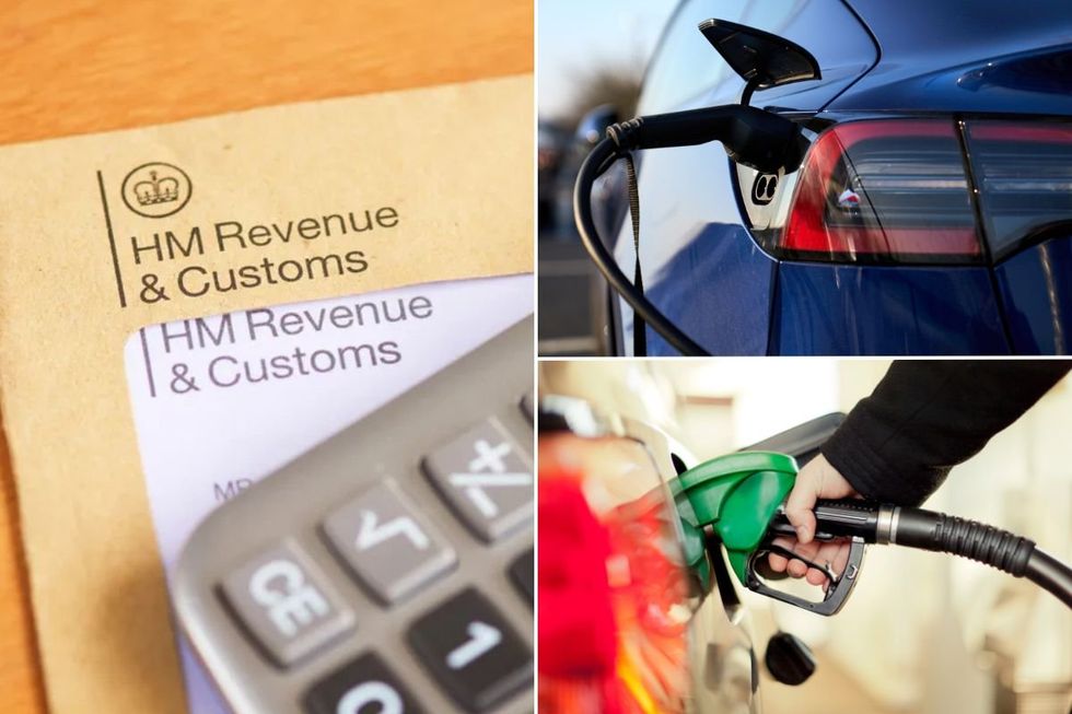 HMRC letter, an electric car charging and a petrol pump