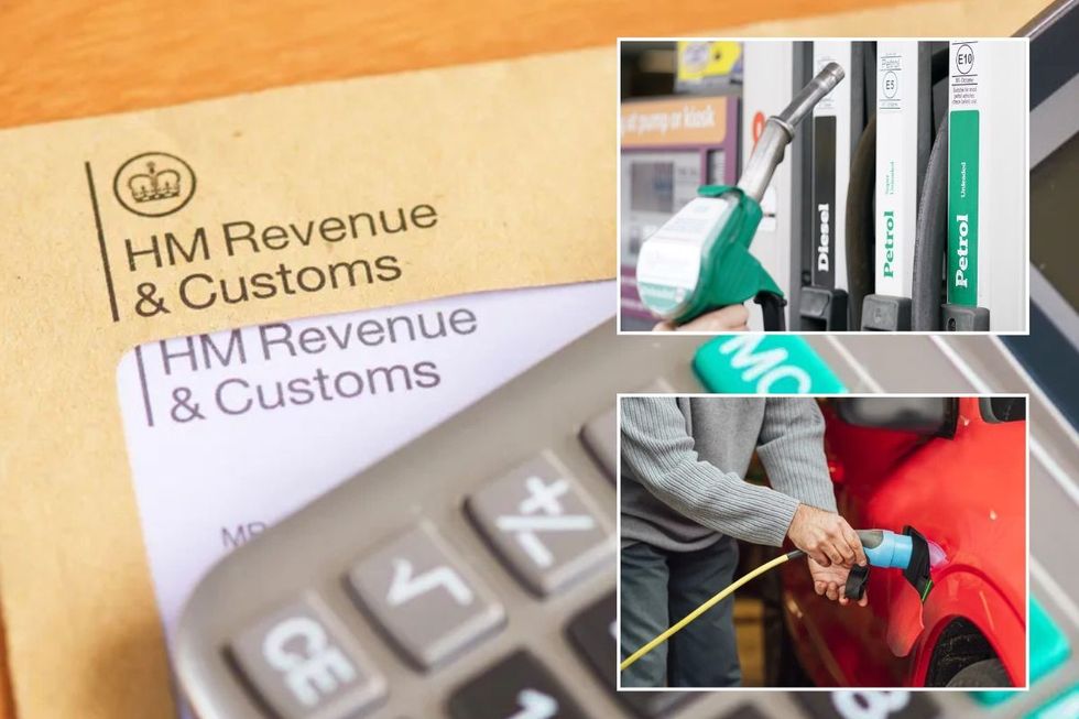 HMRC letter, petrol and diesel pump and an electric vehicle charger