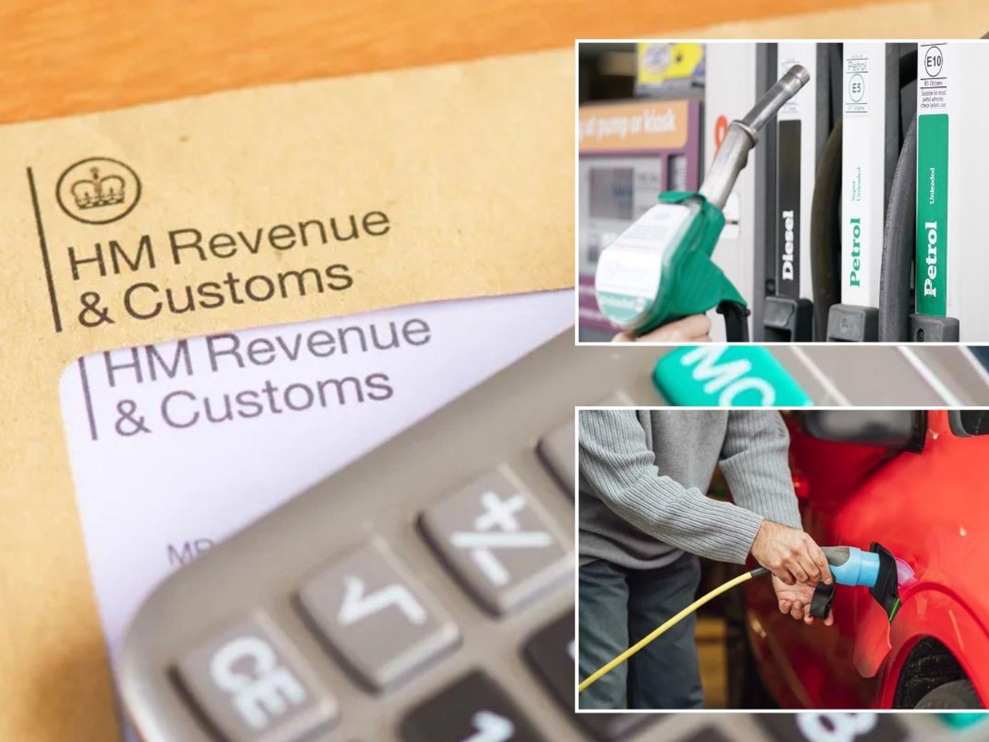 HMRC letter, petrol and diesel pump and an electric vehicle charger
