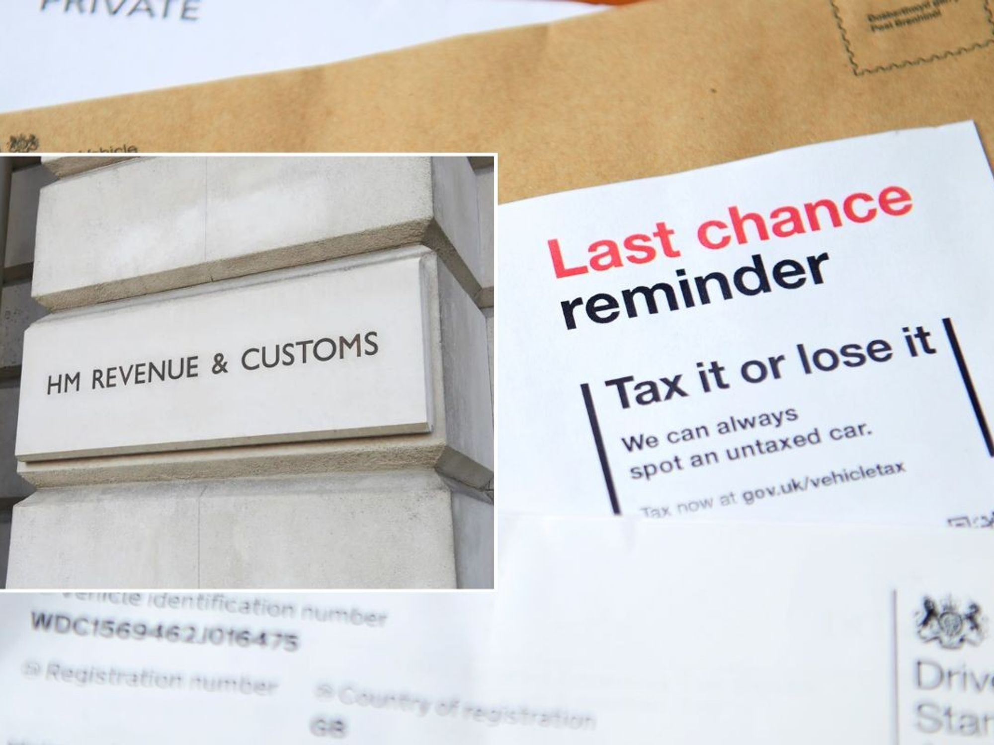 HMRC sign and a car tax reminder letter