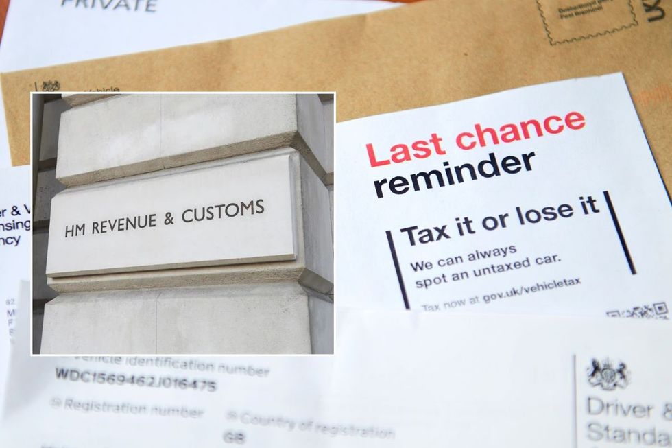 HMRC sign and a car tax reminder letter