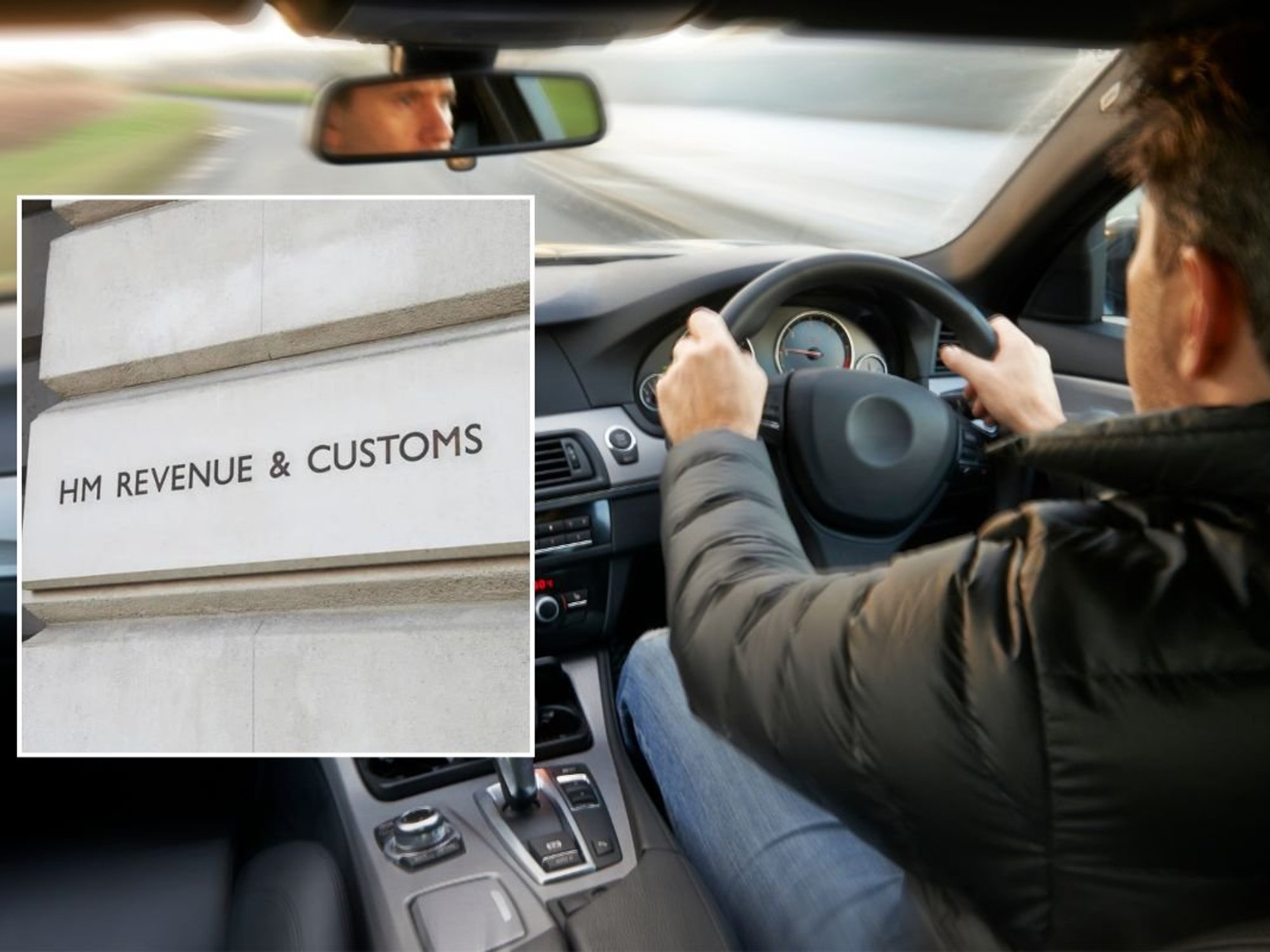 HMRC sign and a man driving
