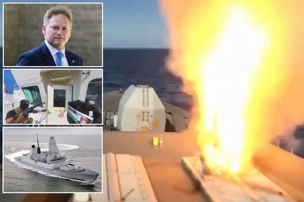 HMS Diamond with insets of Grant Shapps and Houthi rebels