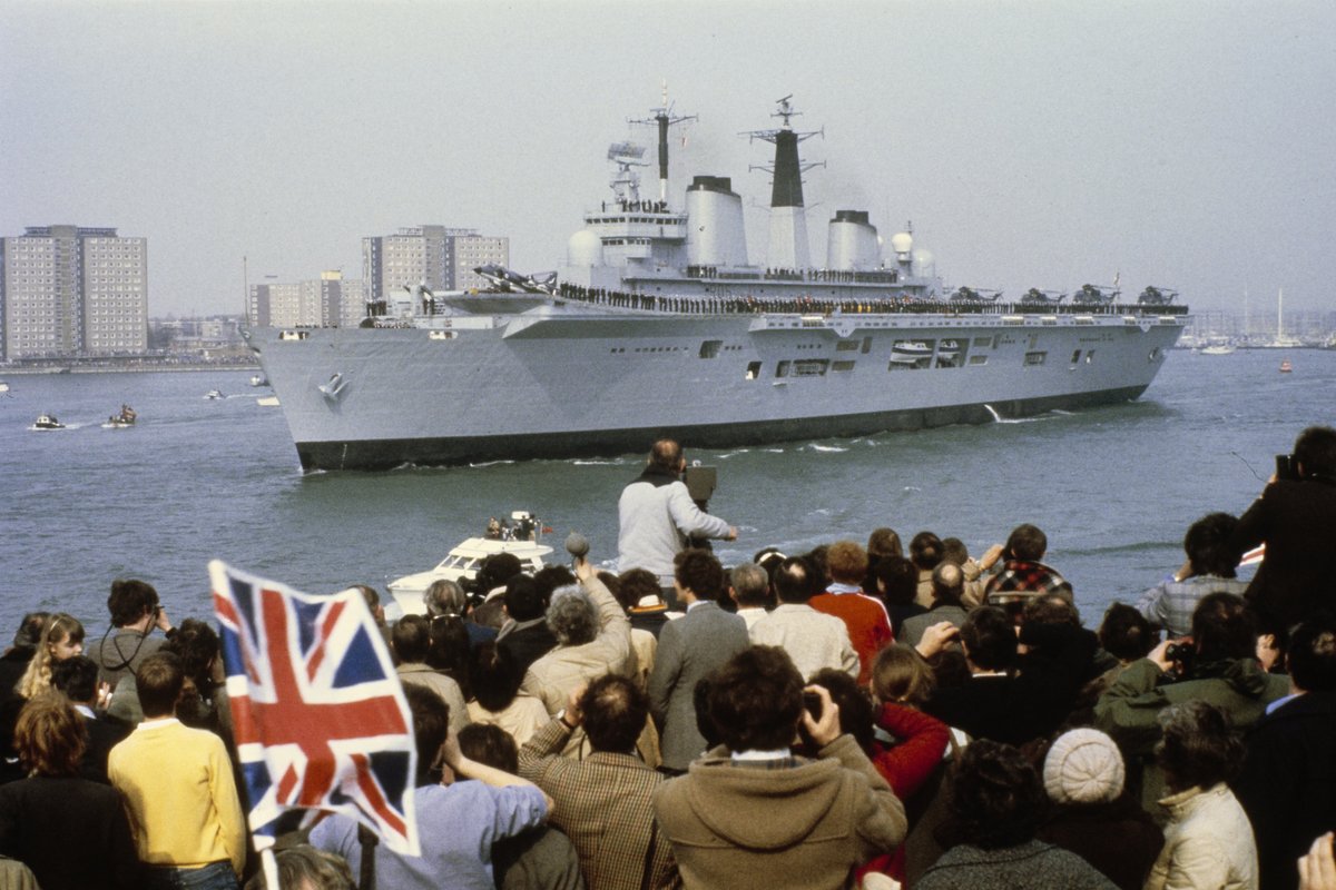 HMS Invicible leaves for the Falklands in 1982