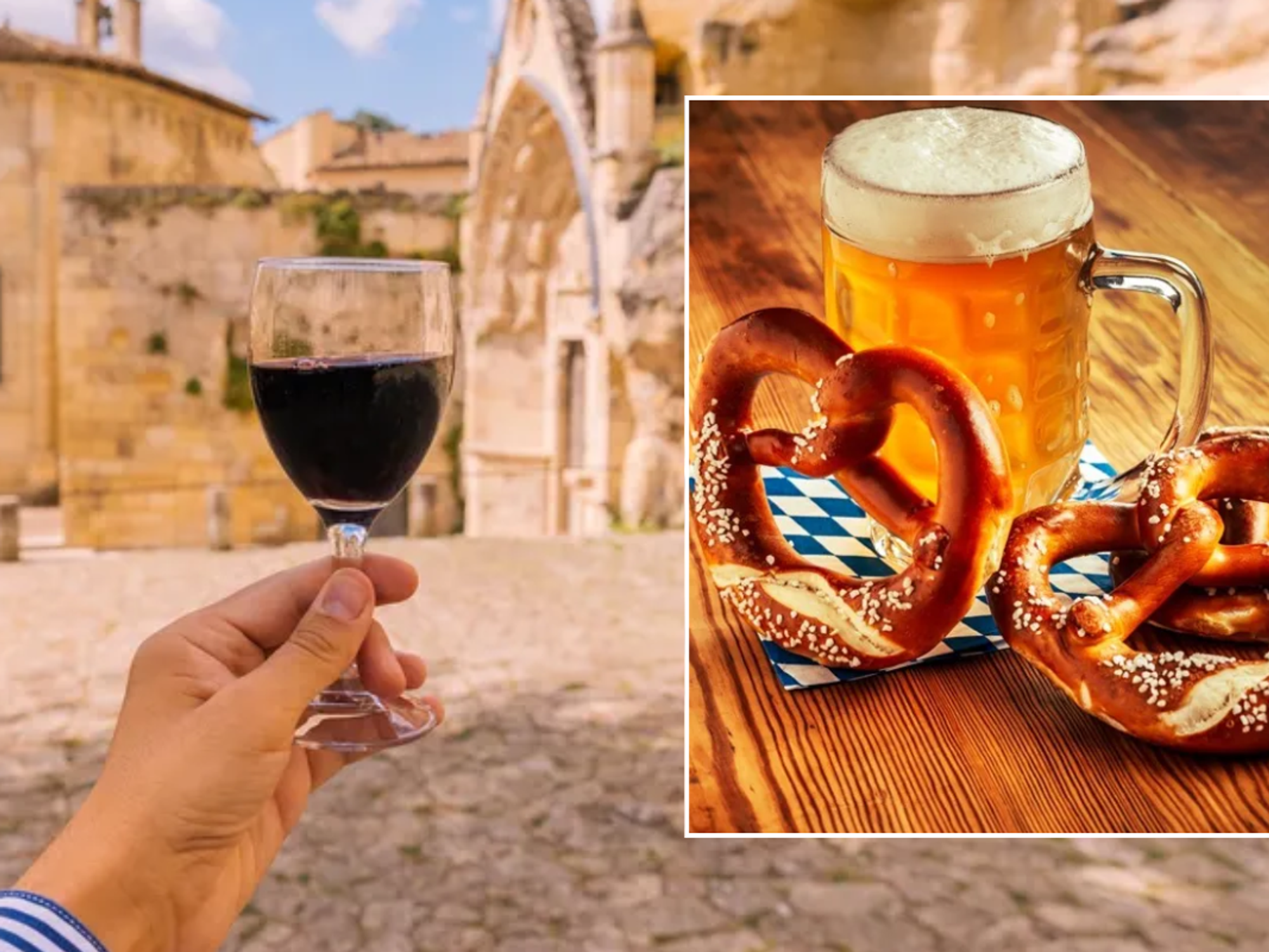 holding wine glass in Spain / beer and pretzels at Oktoberfest