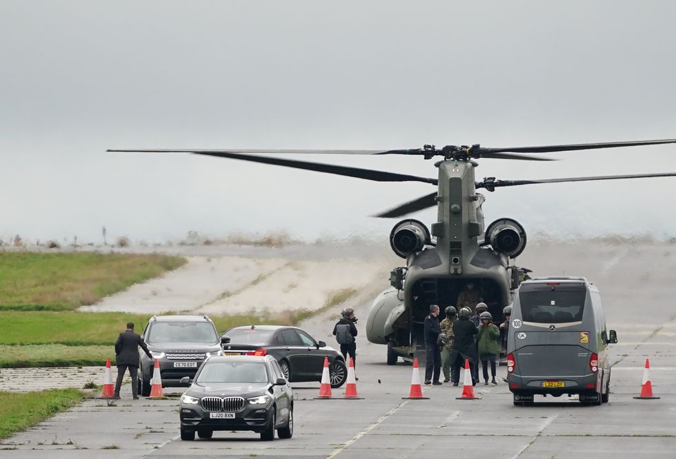 Home Secretary Suella Braverman arrives in a Chinook helicopter for a visit to the Manston immigration short-term holding facility located at the former Defence Fire Training and Development Centre in Thanet, Kent. Picture date: Thursday November 3, 2022.