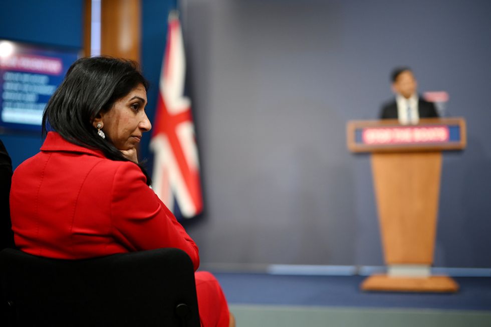 Home Secretary Suella Braverman at a press conference with Prime Minister Rishi Sunak
