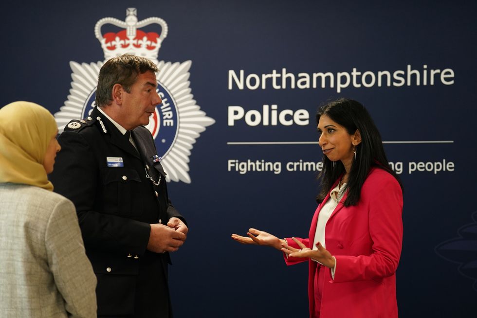 Home Secretary Suella Braverman with Northamptonshire Police's chief constable Nick Adderley during a visit to Northamptonshire Police's Giffard House Training Centre