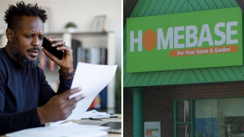 Homebase sign outside store and person looks worried on the phone