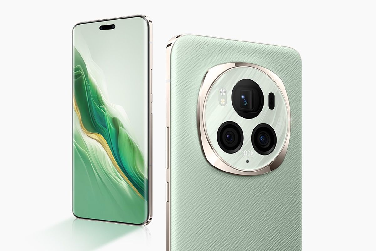 honor magic6 pro smartphones lined up side by side in the green colour option   