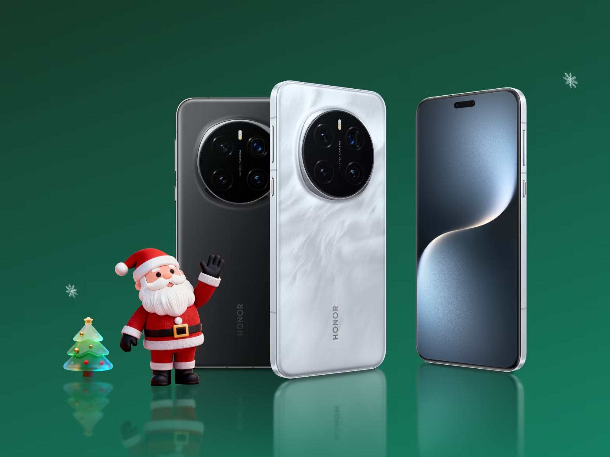 HONOR Magic7 Pro placed in front of Christmas promotion background