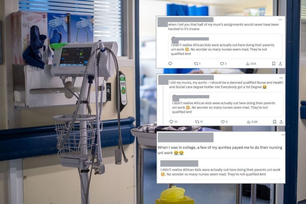 Hospital alongside insets of tweets
