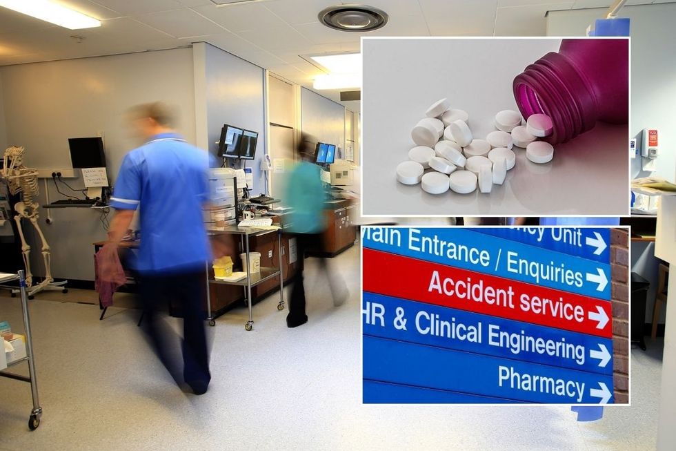 Hospital interior, exterior signage and pills (stock)