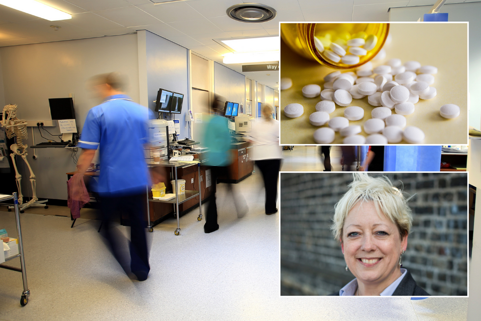 Hospital, with insets of pills and Jackie Doyle-Price
