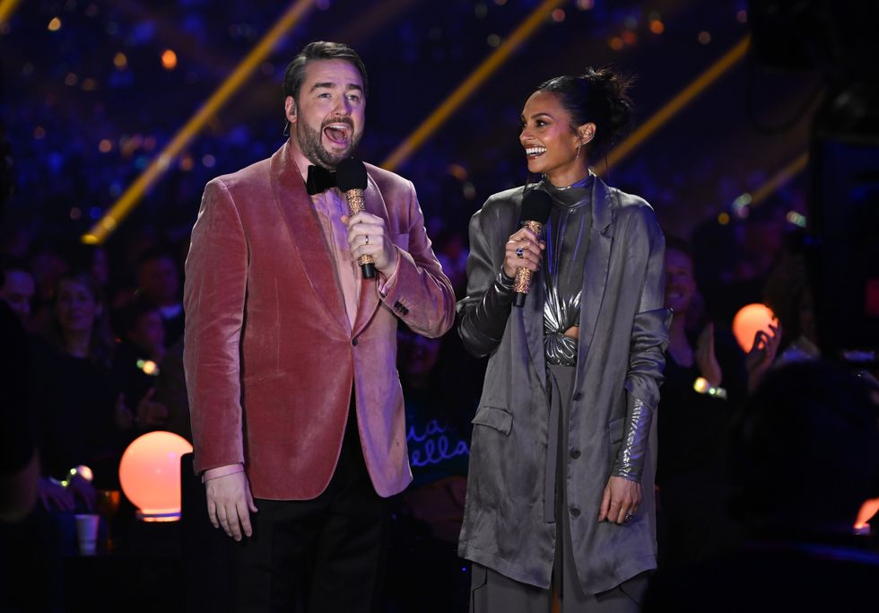 Hosts Jason Manford and Alesha Dixon onstage during The National Lottery's Big Bash to celebrate 2023