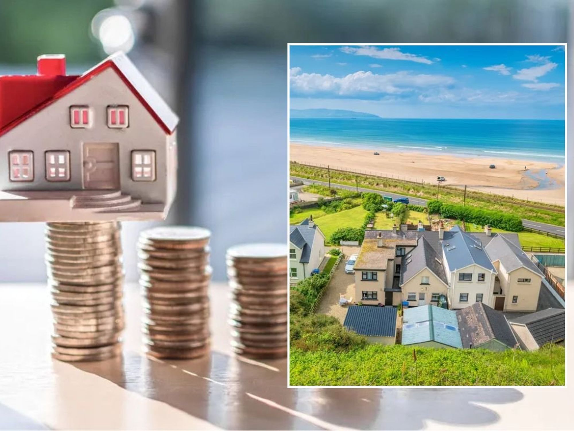 House price increase concept: miniature house on coins / Downhill Beach and houses in Northern Ireland