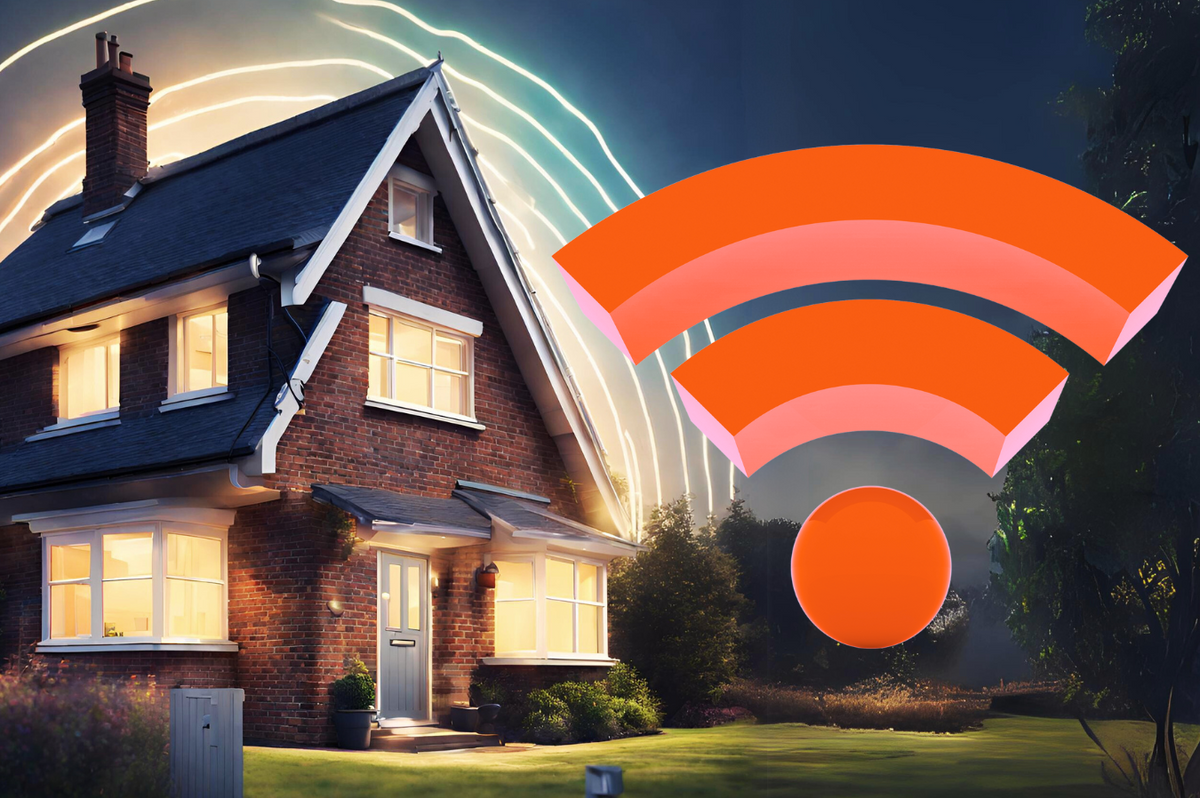 house with wi-fi signal surrounding it with the universal symbol for broadband superimposed 