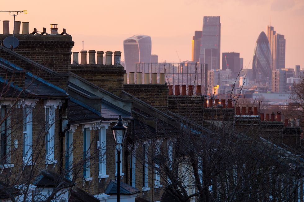 Houses in London with City of London view in background