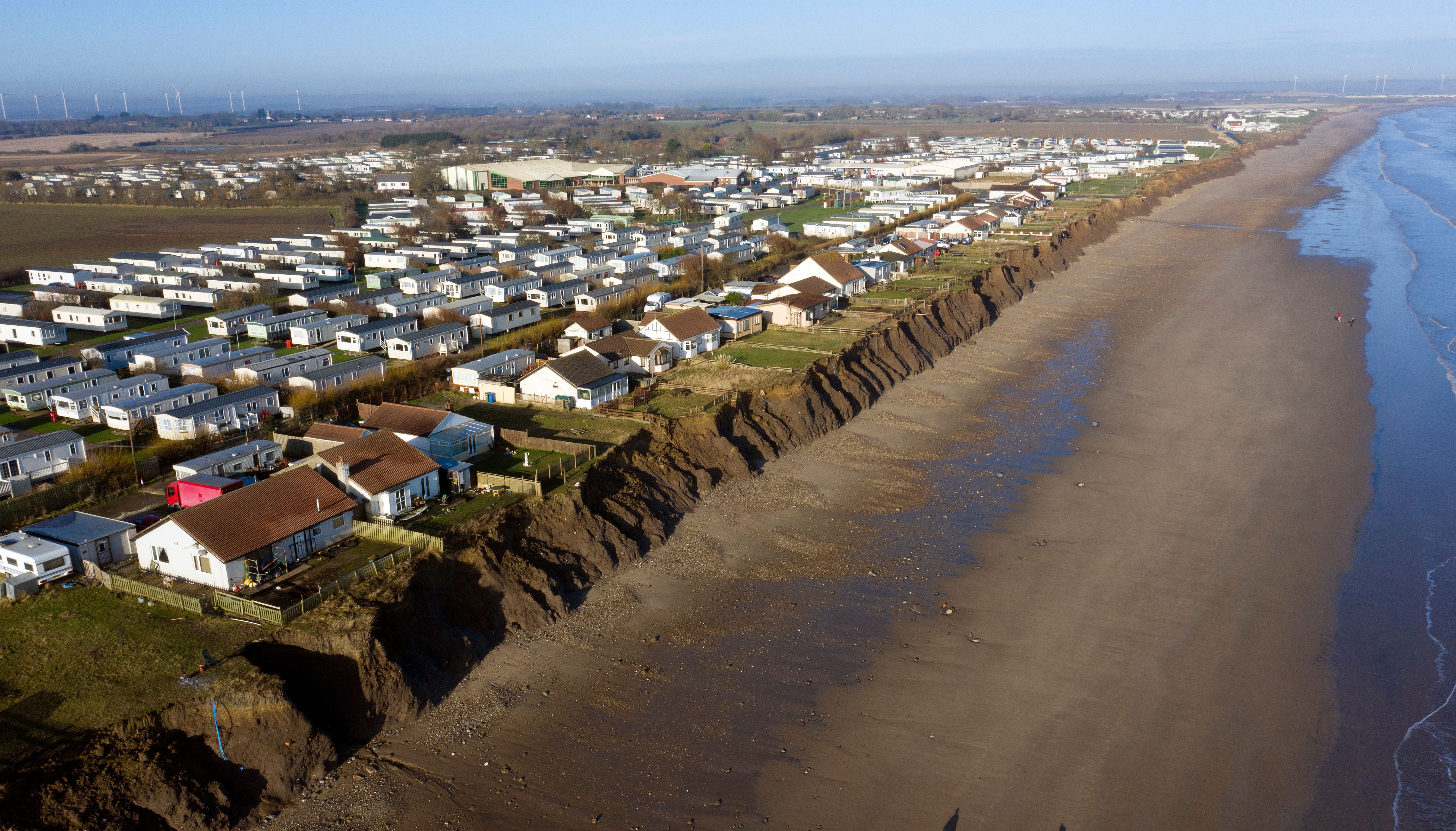 Houses on the coastline in Skipsea, East Ridings of Yorkshire.