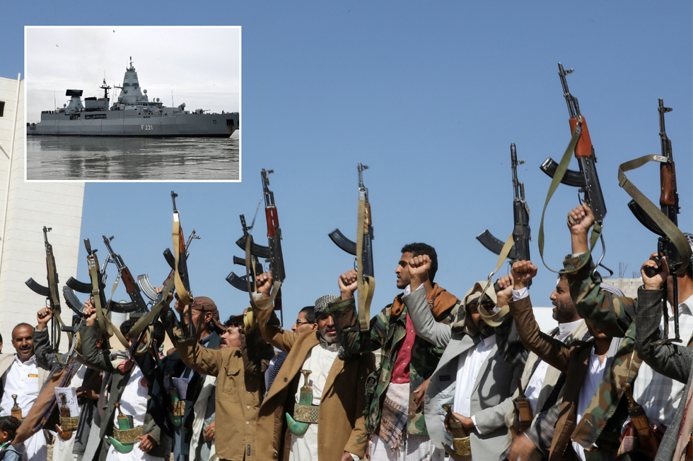 Houthi rebels with inset of ship in Red Sea