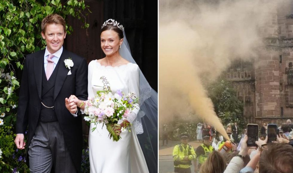 Hugh Grosvenor and Olivia Henson after their wedding service and Just Stop Oil protestors