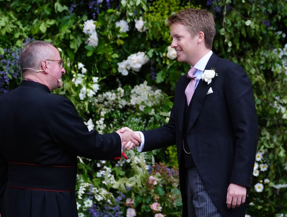 Hugh Grosvenor, the Duke of Westminster arrives at Chester Cathedral for his wedding to Olivia Henson.