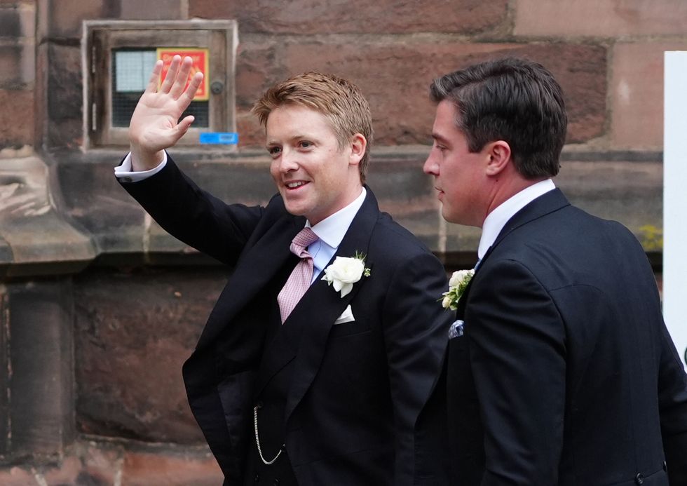 Hugh Grosvenor, the Duke of Westminster (left) arrives at Chester Cathedral for his wedding to Olivia Henson