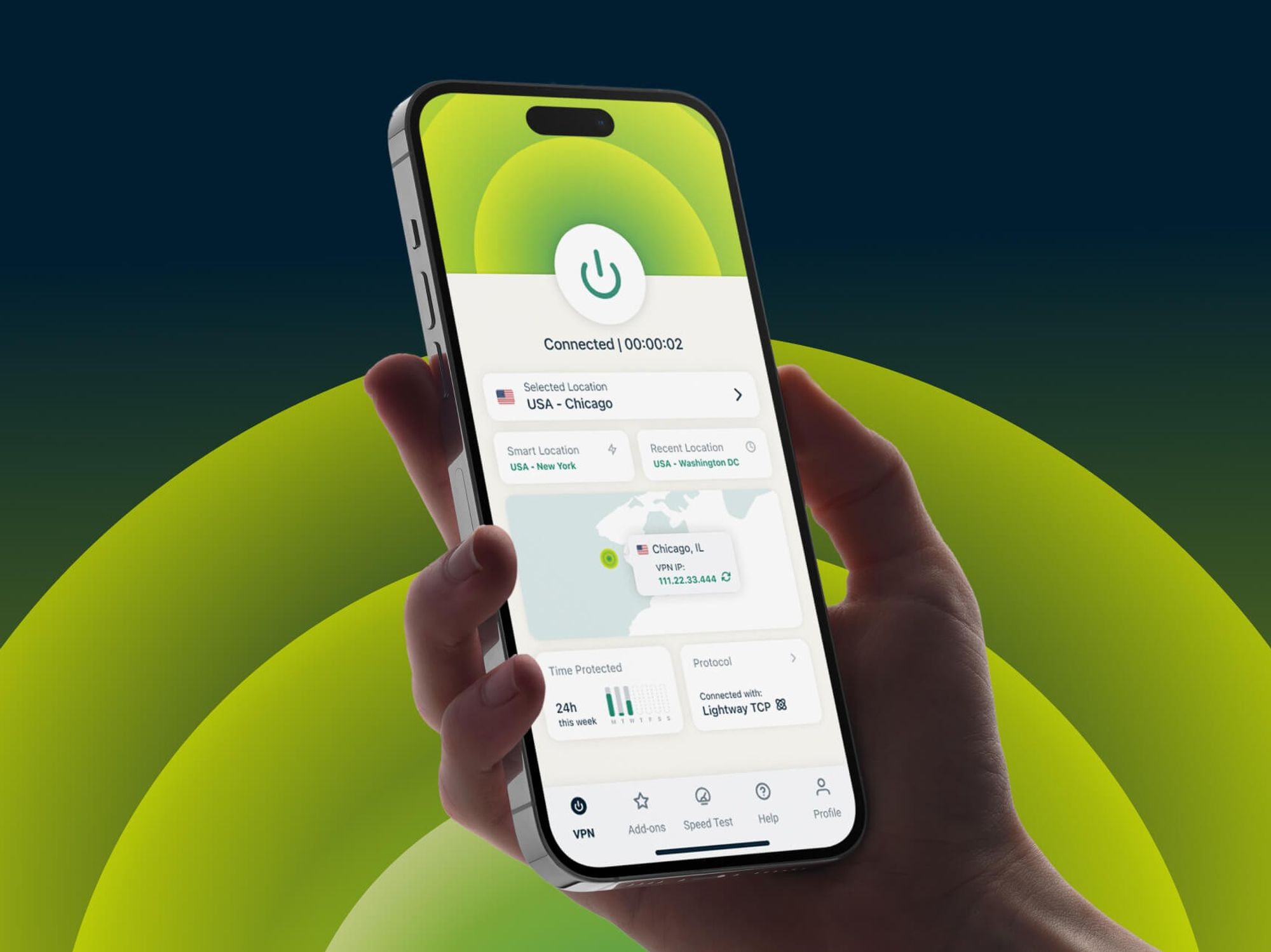 human hand pictured holding an iphone with the ExpressVPN app running on-screen