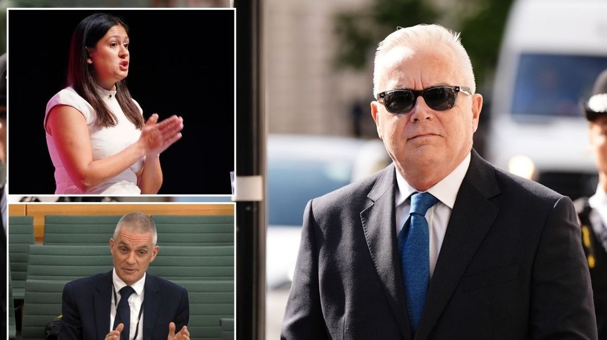 Huw Edwards with insets of Lisa Nandy and Tim Davie