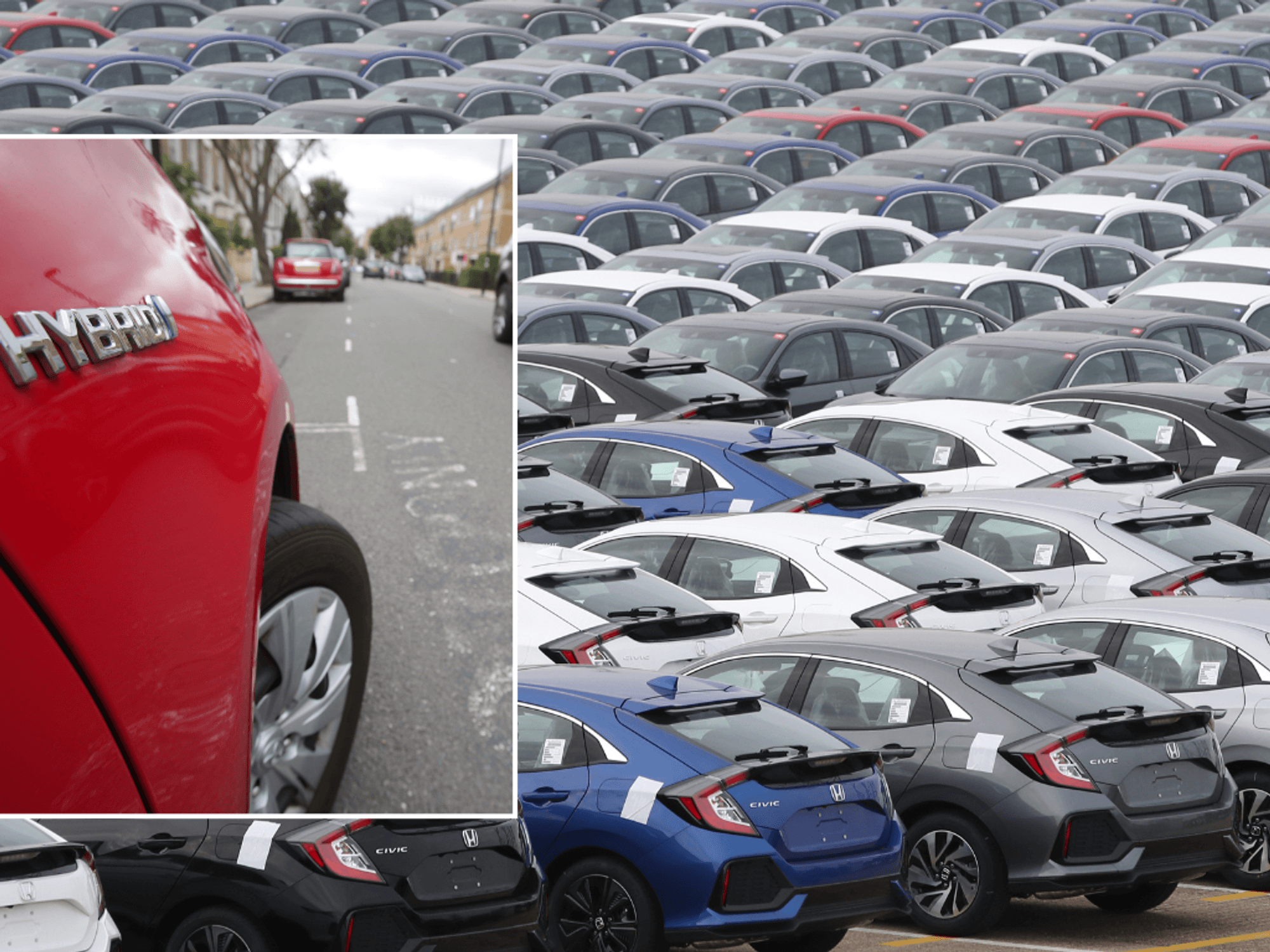 Hybrid car and Honda vehicles parked