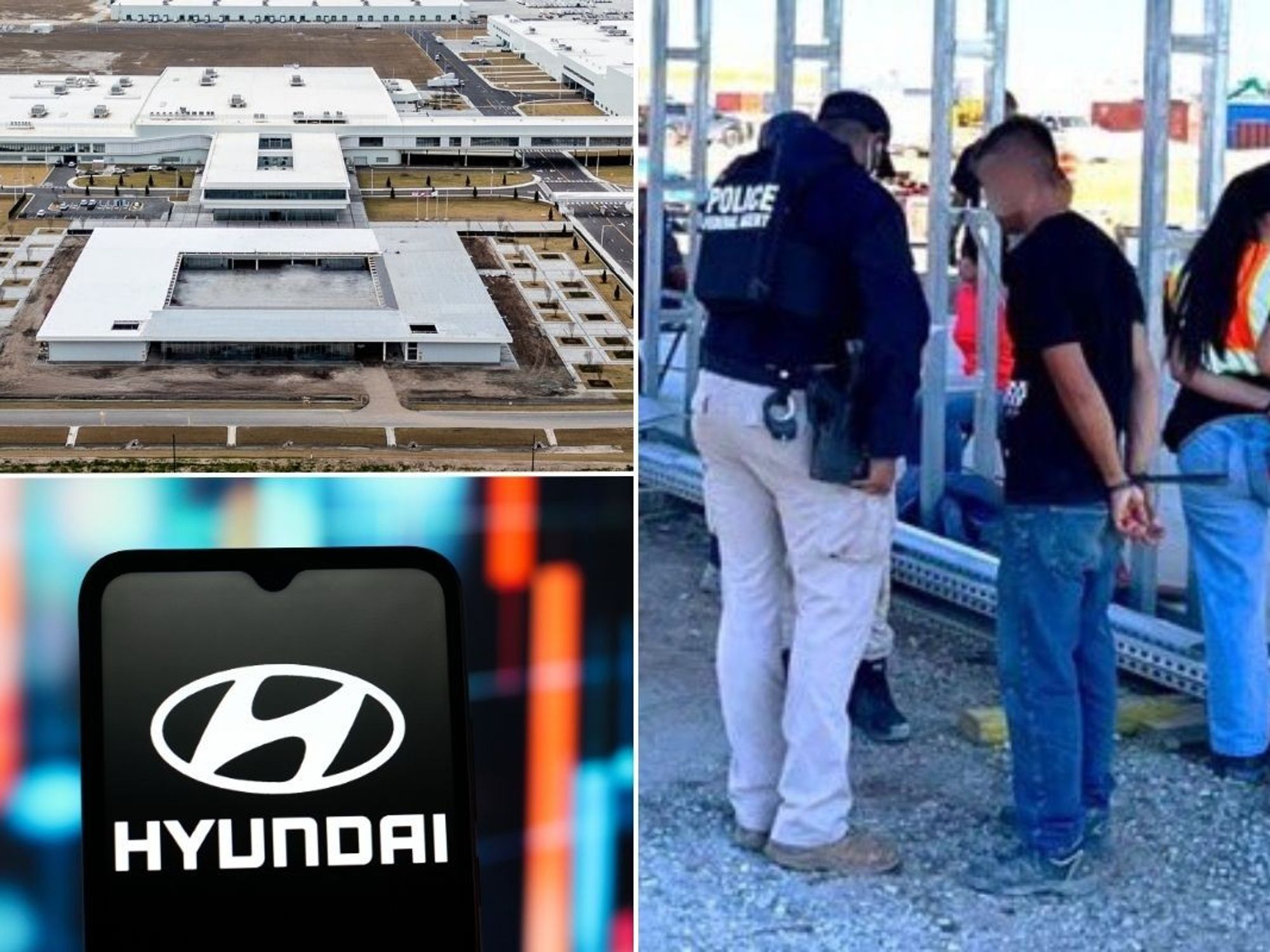 Hyundai's plant in Georgia, a Hyundai logo and an ICE raid