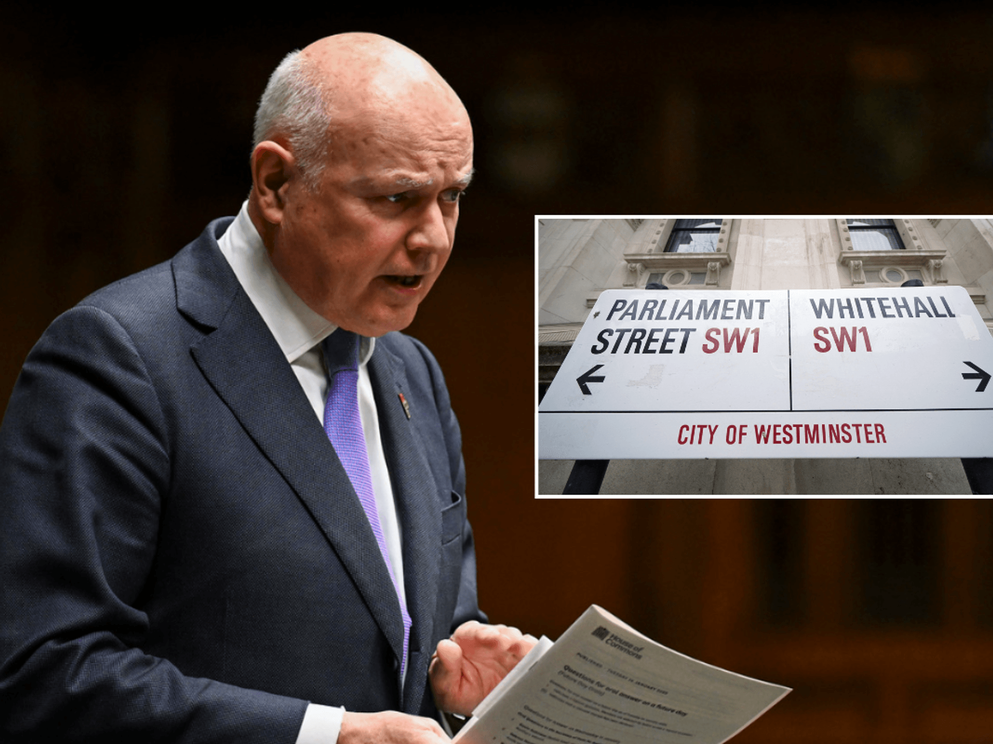 Iain Duncan Smith with Whitehall sign