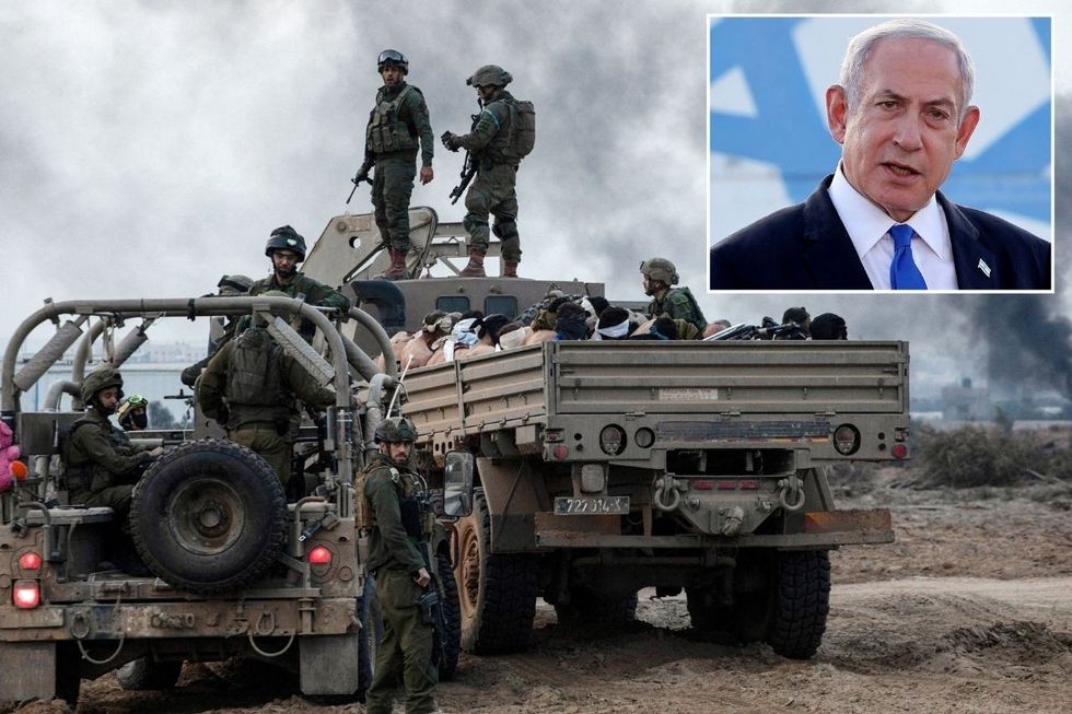 IDF forces with an inset of Benjamin Netanyahu