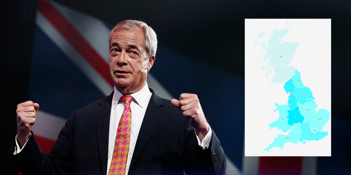 NextImg:MAPPED: Poll shows turquoise tidal wave sweeping Britain with Reform biggest party in FOUR UK regions