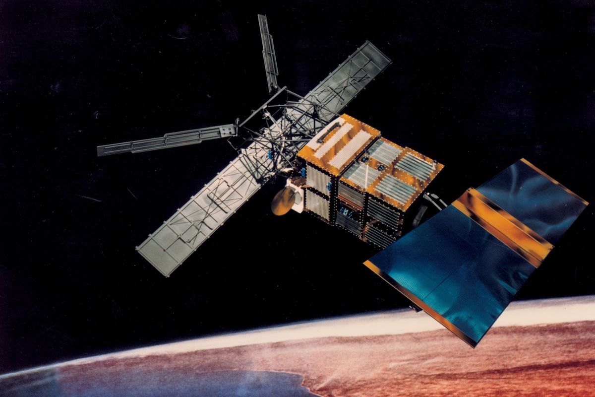 Illustration of ERS-2 satellite hurtling towards earth 