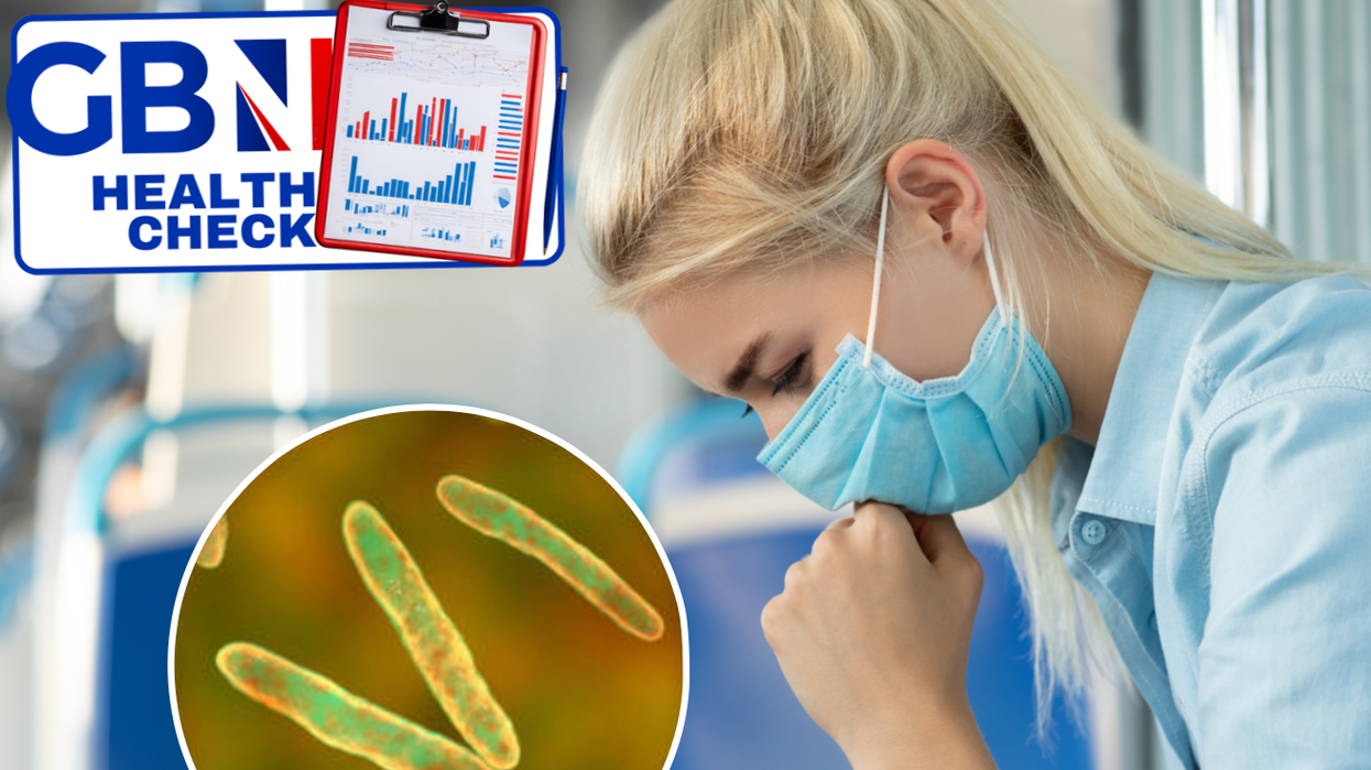 Illustration of Mycobacterium tuberculosis (left) and woman coughing on train (right)