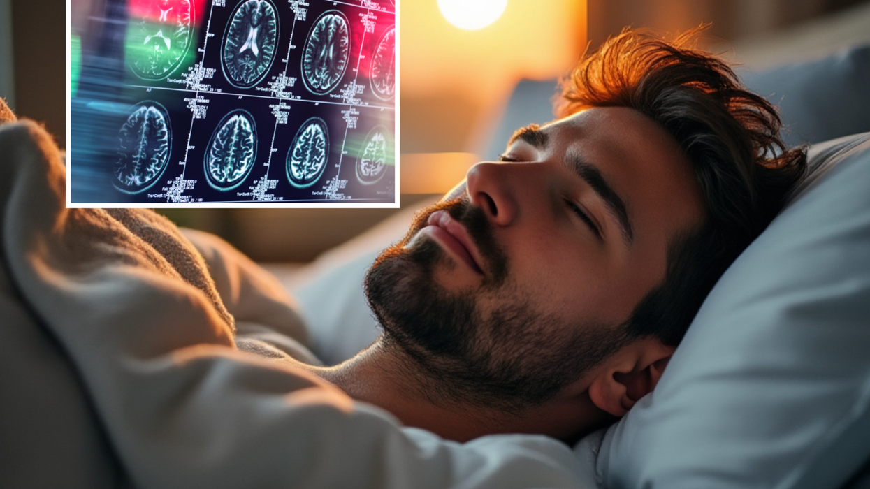 Image of a brain (left) and man in bed (right)