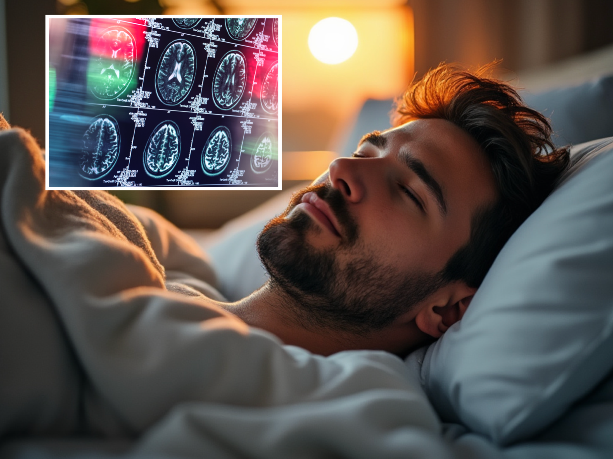 Image of a brain (left) and man in bed (right)
