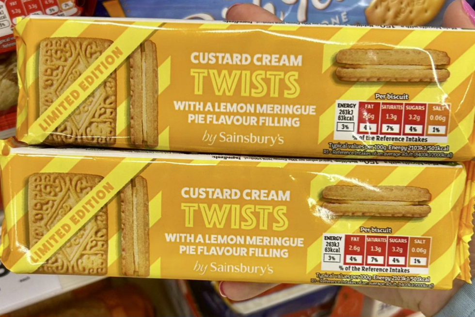 Image of a packet of limited edition custard cream twists with yellow stripy packaging