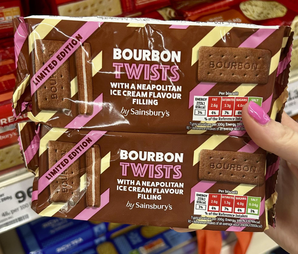 Image of Bourbon Twists with a Neapolitan ice cream flavour filling, wrapped in white, pink and brown packaging