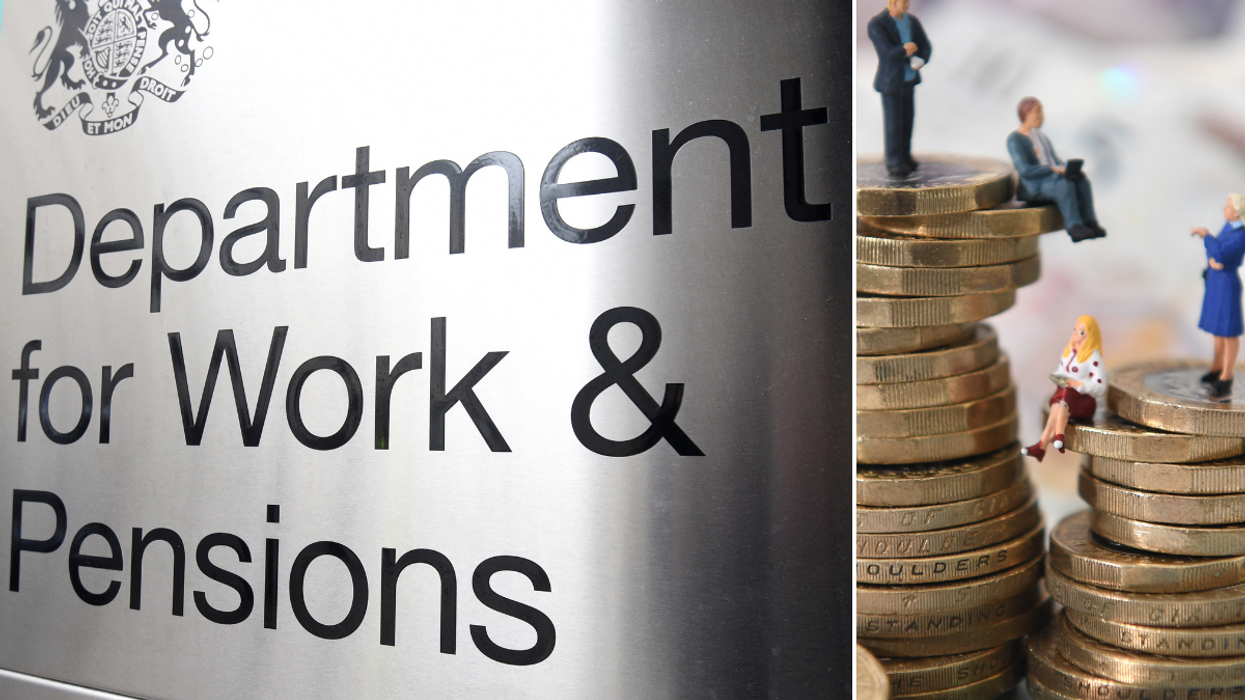Image of Department of Work and Pensions sign alongside image of stacked coins
