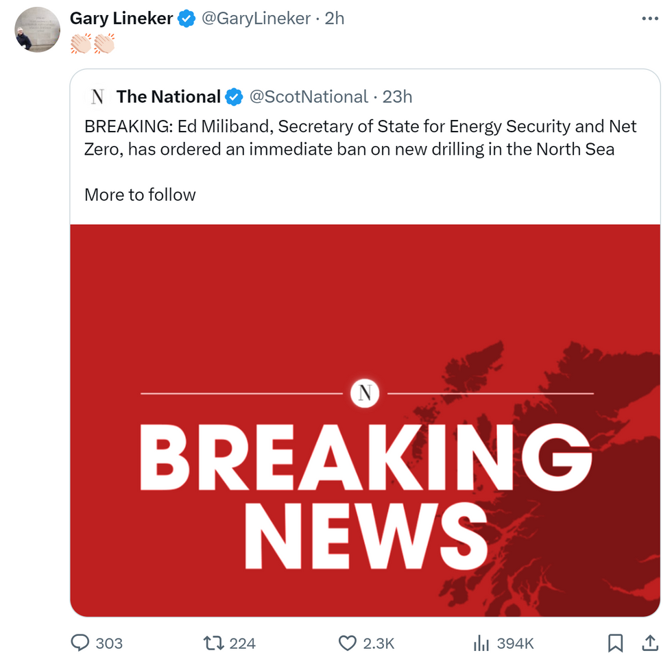 Image of Gary Lineker retweet of Ed Miliband North Sea ban news